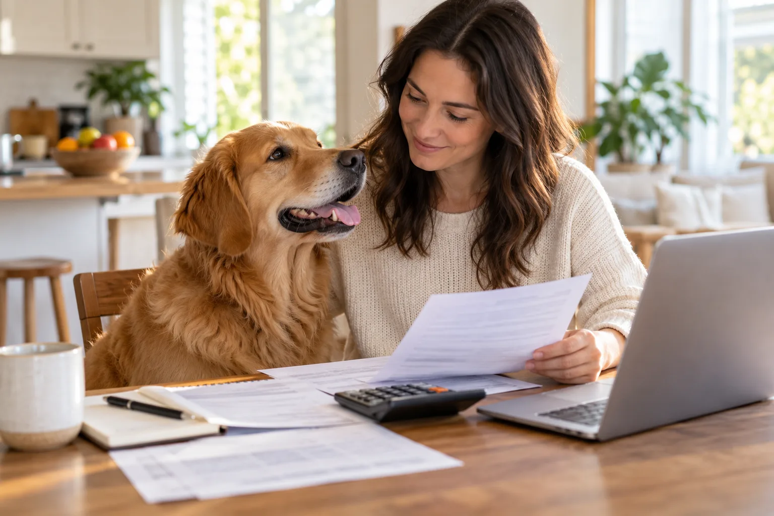 Owner looking at paperwork beside a dog at home