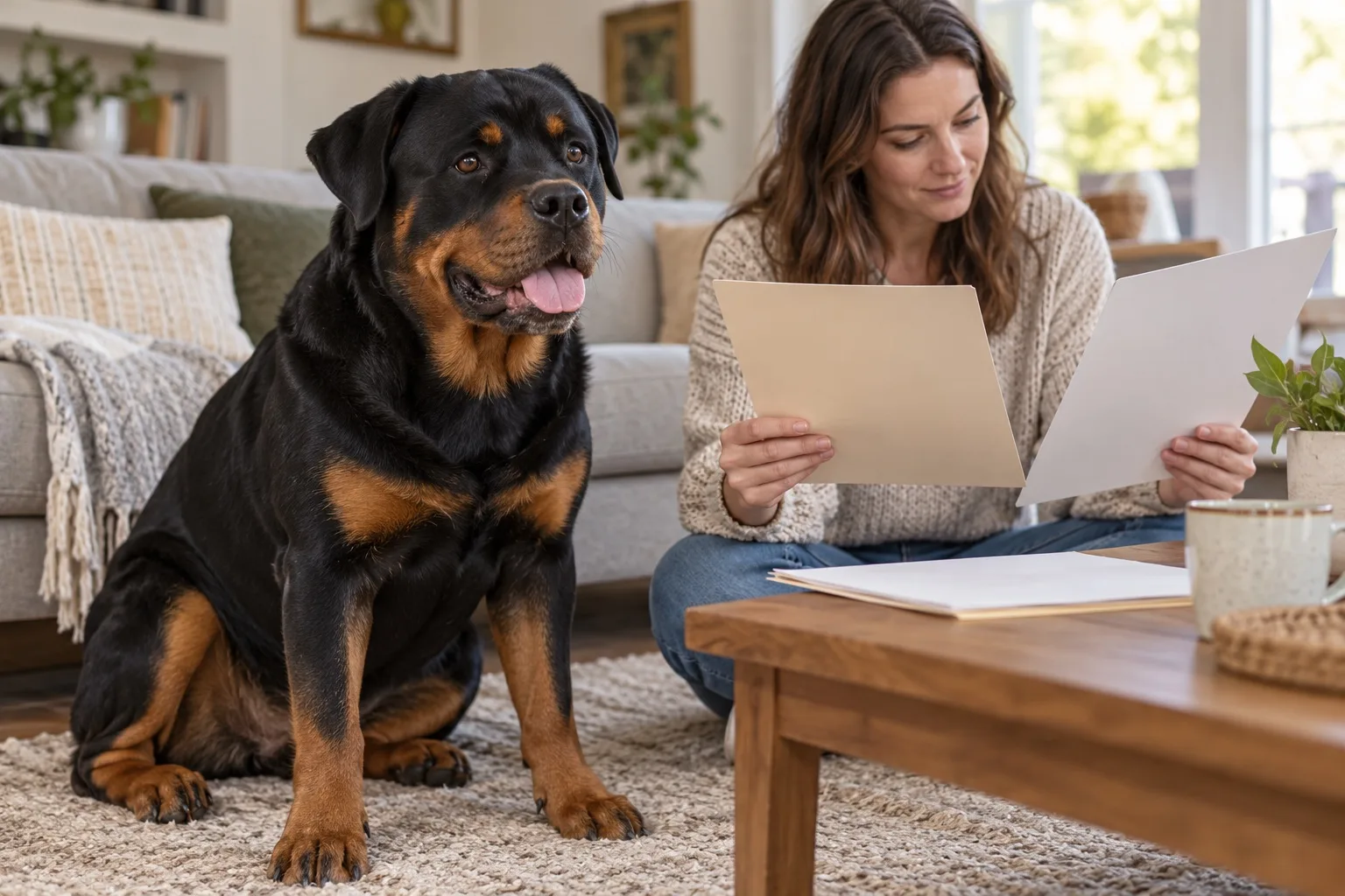 Owner reviewing papers beside a large dog at a home table